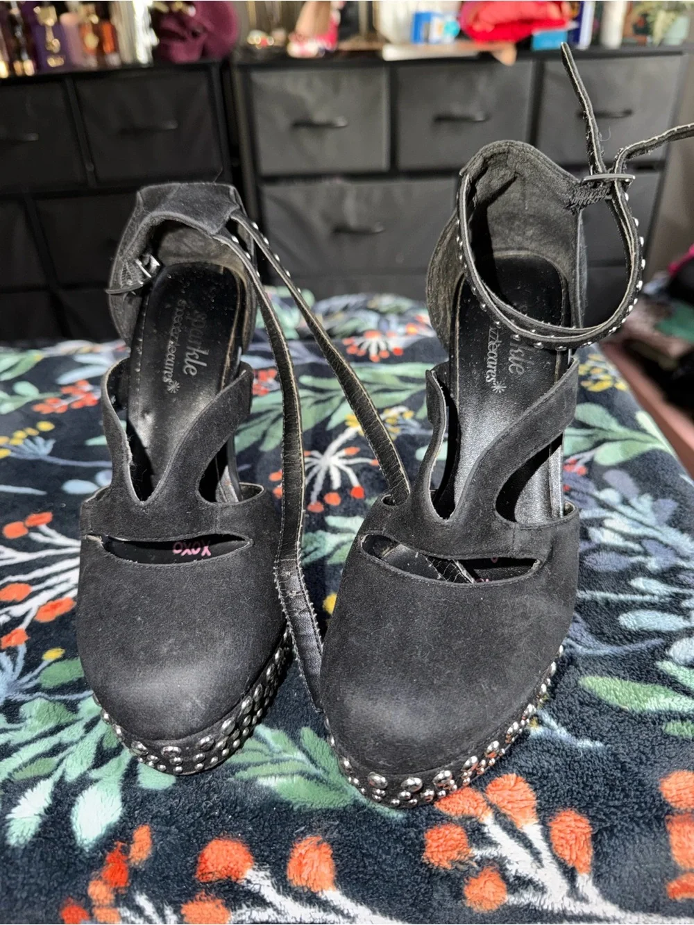 Studded Black Suede Platform Heels with Ankle Straps